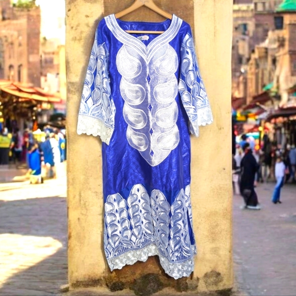 Elaborate Blue and White Kaftan Dress Lace and Rhinestone 4X 53 in length